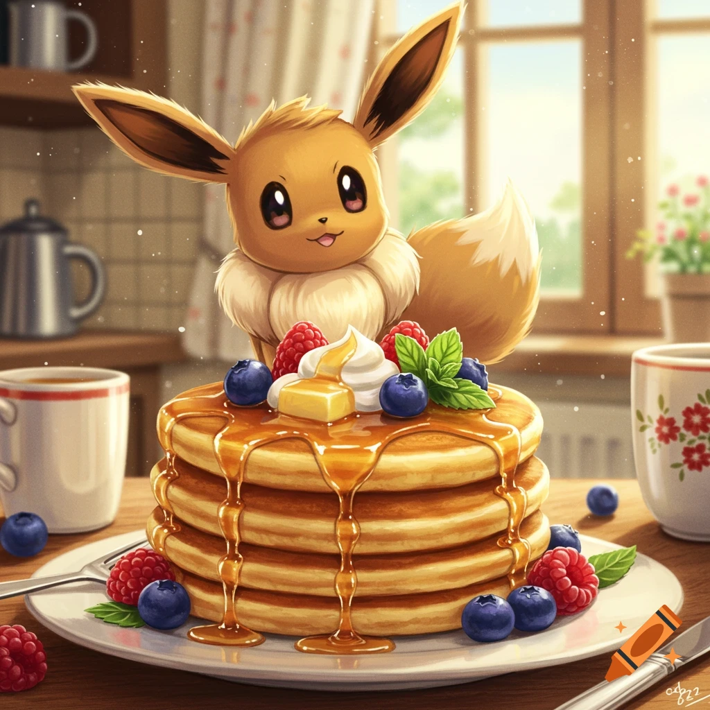 Cute Eevee peeking over a stack of pancakes with blueberries, raspberries, and syrup in a cozy kitchen, digital art.