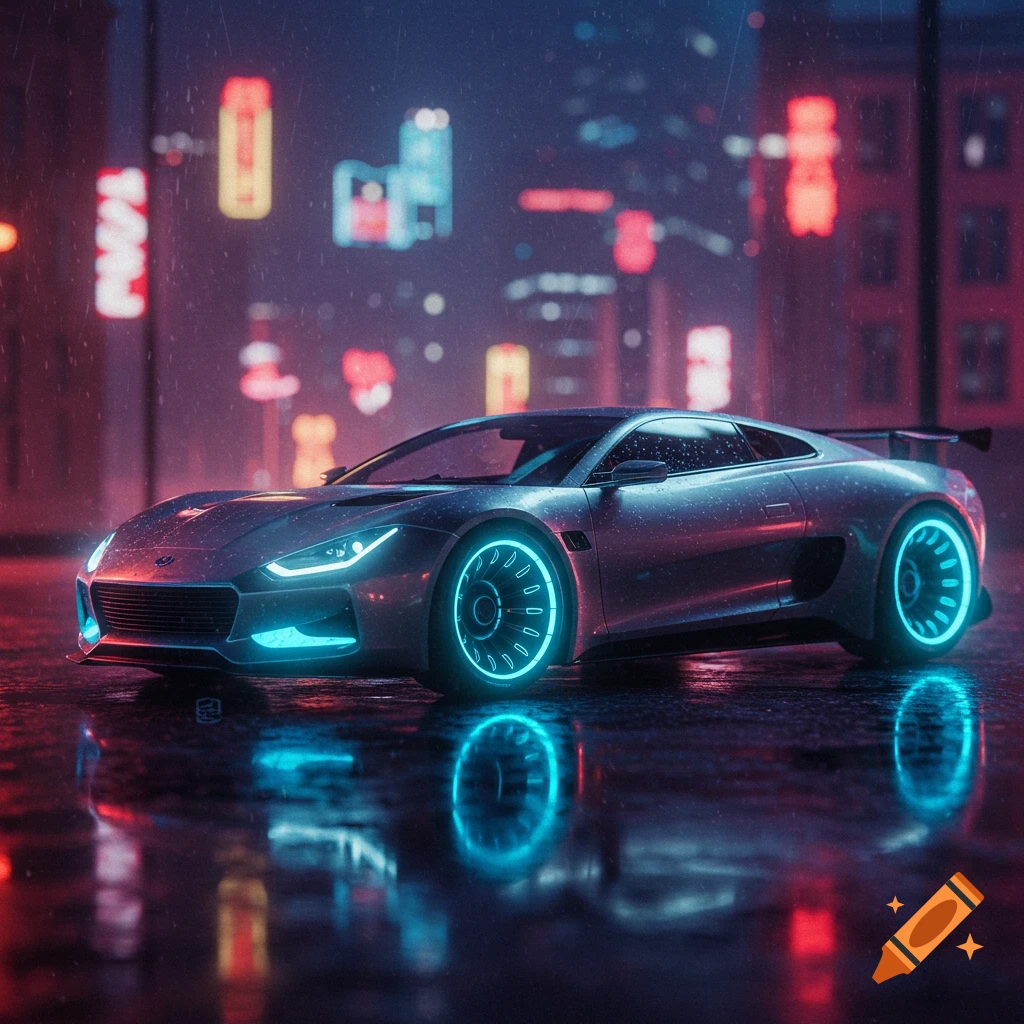 A sleek futuristic car with glowing blue lights on its wheels and headlights, parked on a wet street in a rainy cyberpunk city at night.
