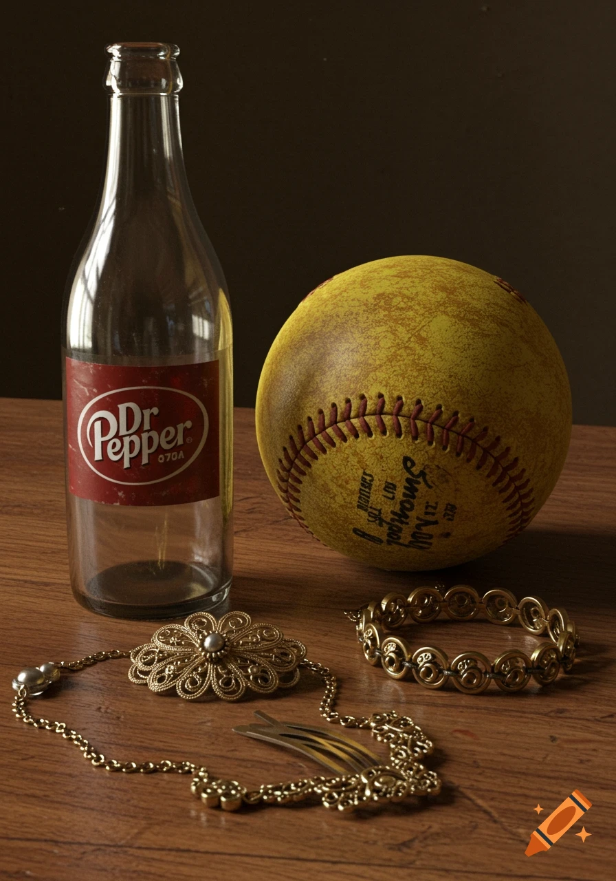 A still life shot of an empty Dr. Pepper bottle, a yellow softball, a gold floral hair clip, and a gold bracelet on a wooden table.
