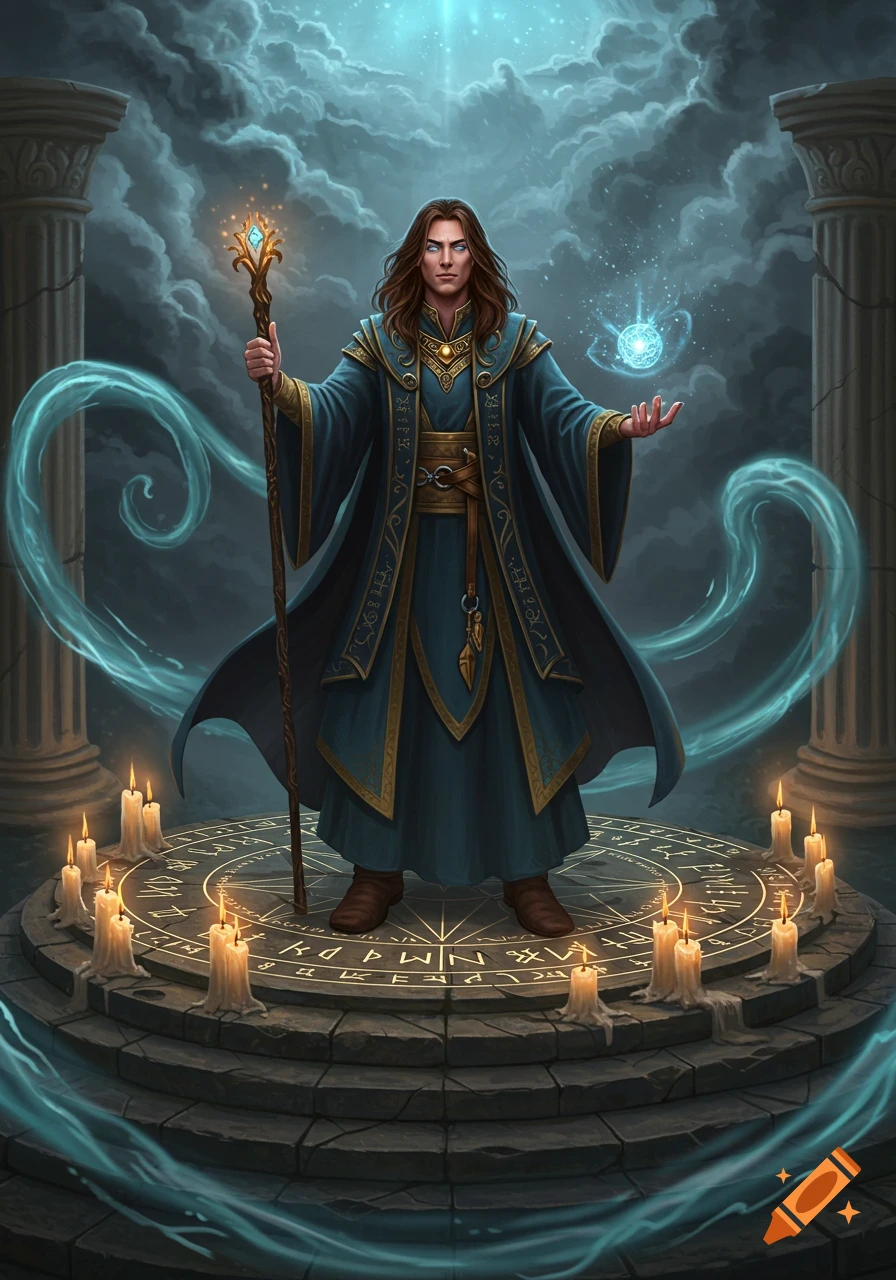 A long-haired male wizard in a blue and gold robe stands on a stone platform with glowing runes, holding a staff and conjuring a magic orb, with ancient columns and stormy skies in the background.