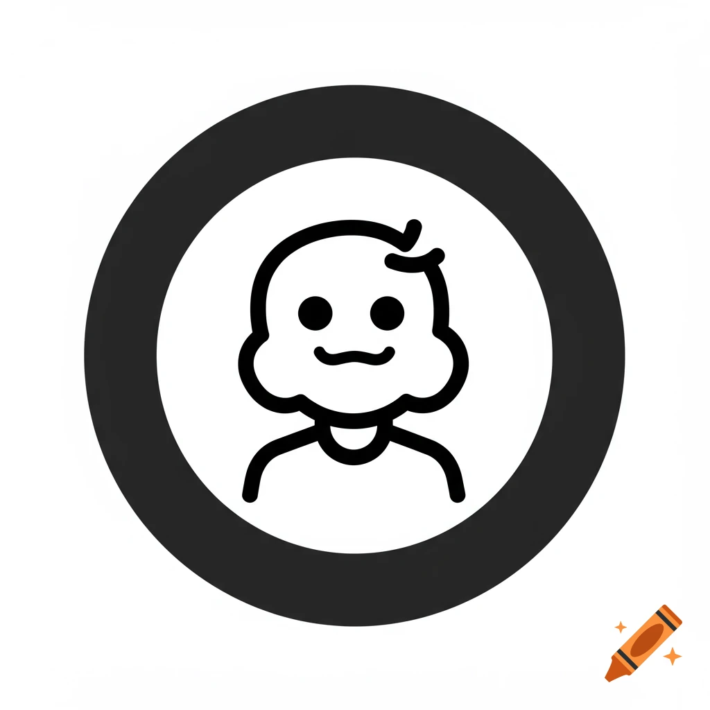 A black and white cartoon icon of a smiling person's head and shoulders within a black circle.