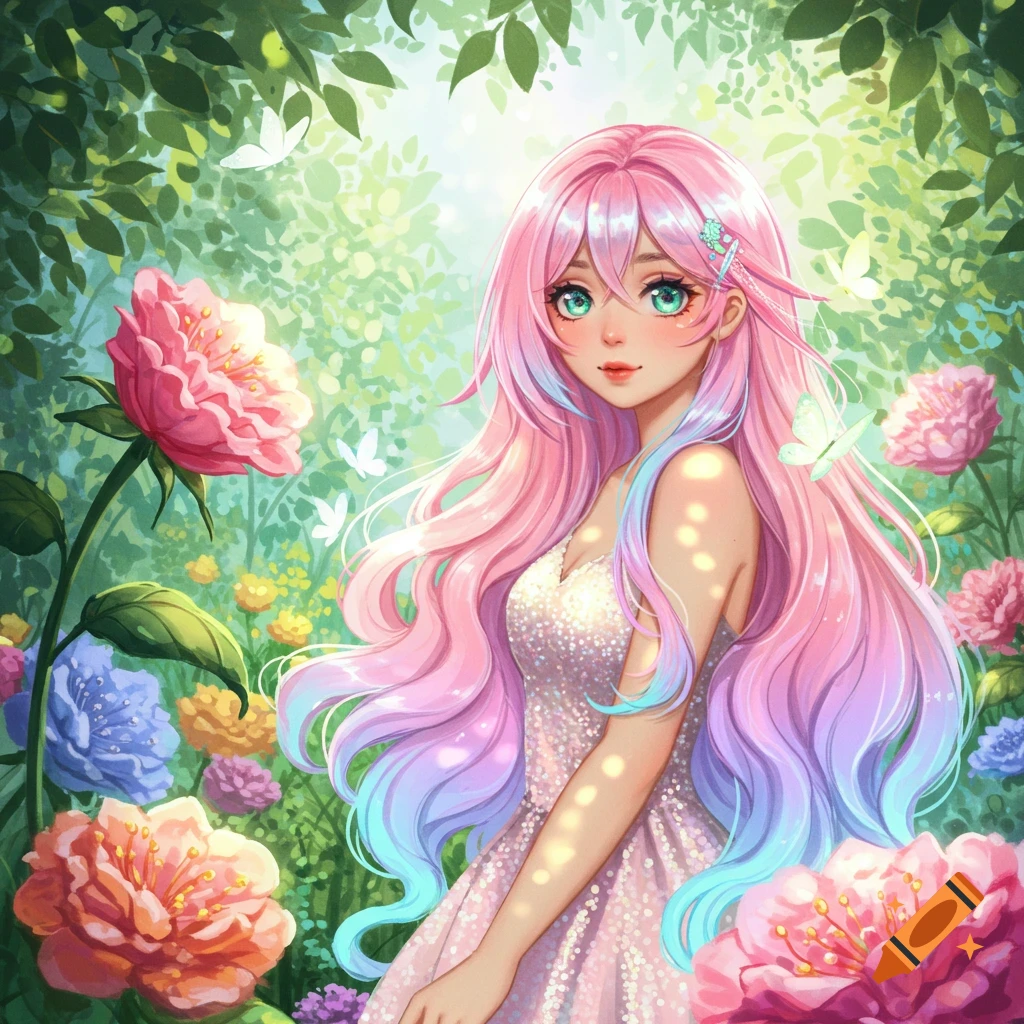 An anime girl with long pink and blue ombre hair and green eyes in a sparkling dress, surrounded by lush foliage and flowers.