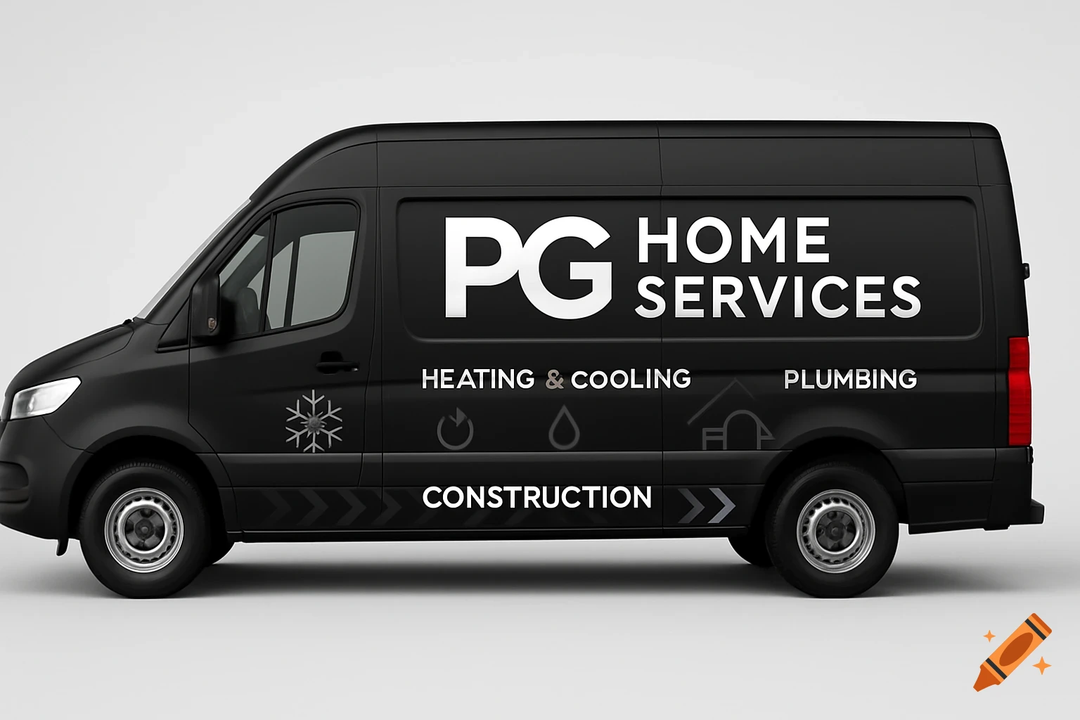 Black commercial van with 'PG HOME SERVICES', 'Heating & Cooling', 'Plumbing', and 'Construction' branding in white text and icons.
