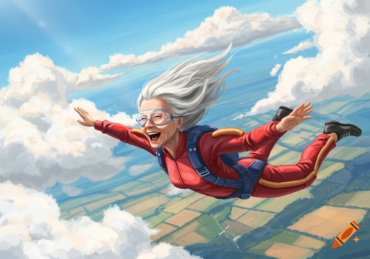 An excited elderly woman in a red jumpsuit and goggles skydives through a blue sky with clouds, white hair flowing, over green fields.