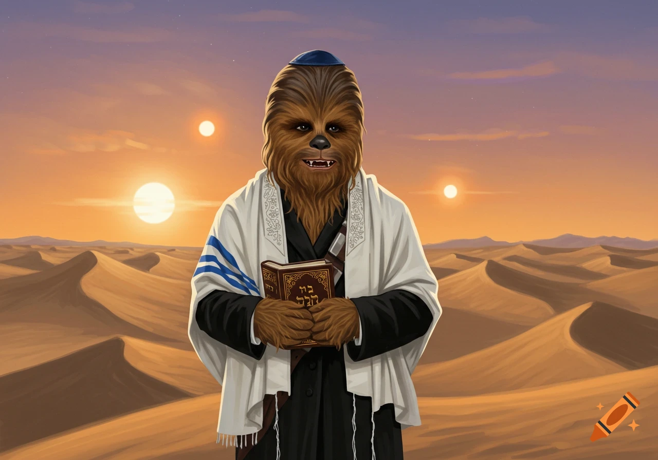Chewbacca dressed in a kippah and tallit, holding a book, standing in a desert with two suns setting.