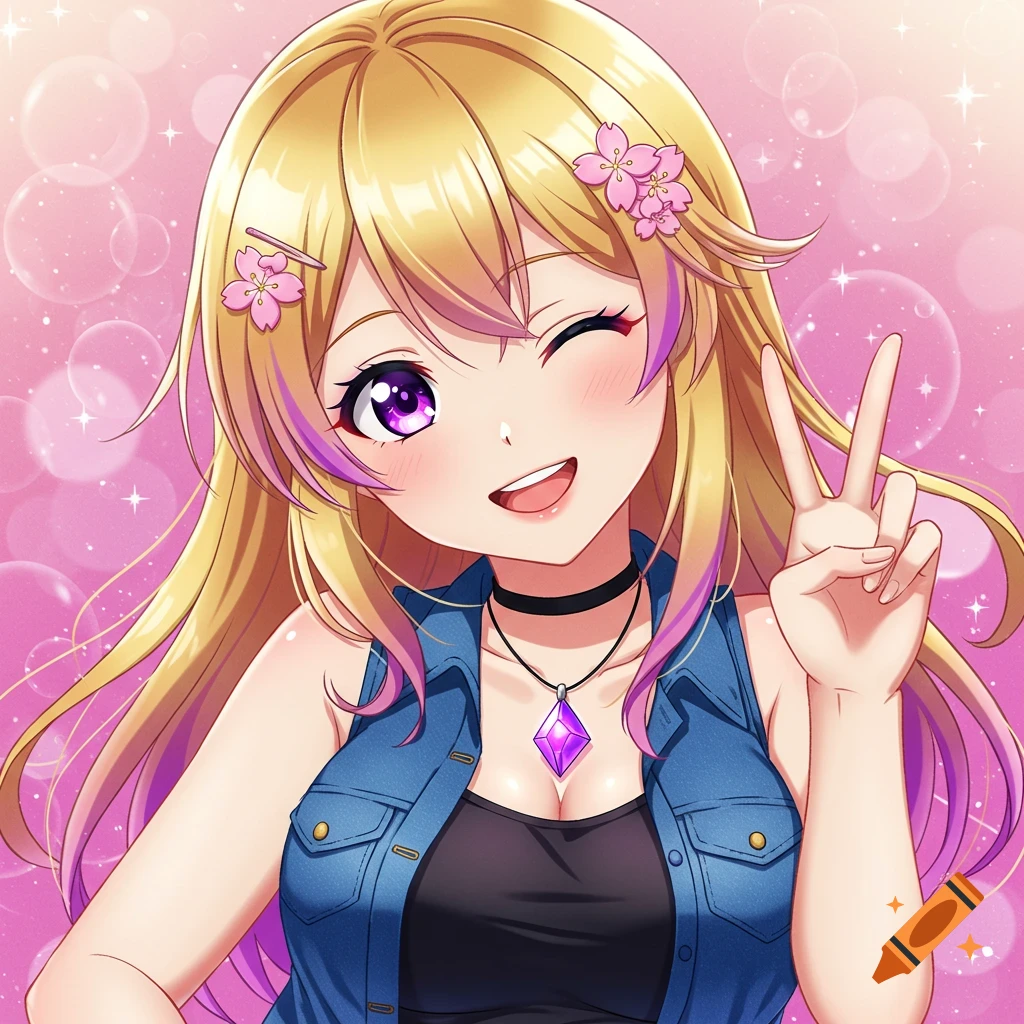 Blonde anime girl winks and smiles, making a peace sign, wearing a denim vest and purple pendant, on a pink bubble background.