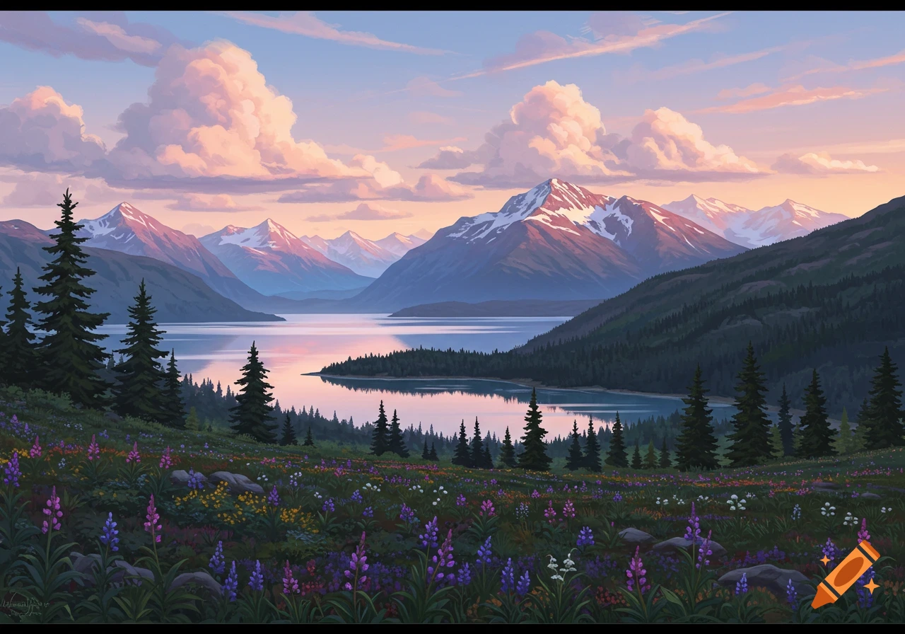 A vibrant landscape painting of snow-capped mountains reflected in a calm lake at sunset, surrounded by pine trees and a field of colorful wildflowers.