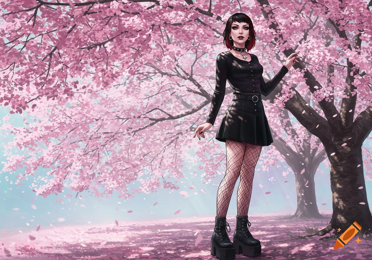 A goth girl with black and red hair, black outfit, fishnets, and platform boots stands under pink blossom trees.