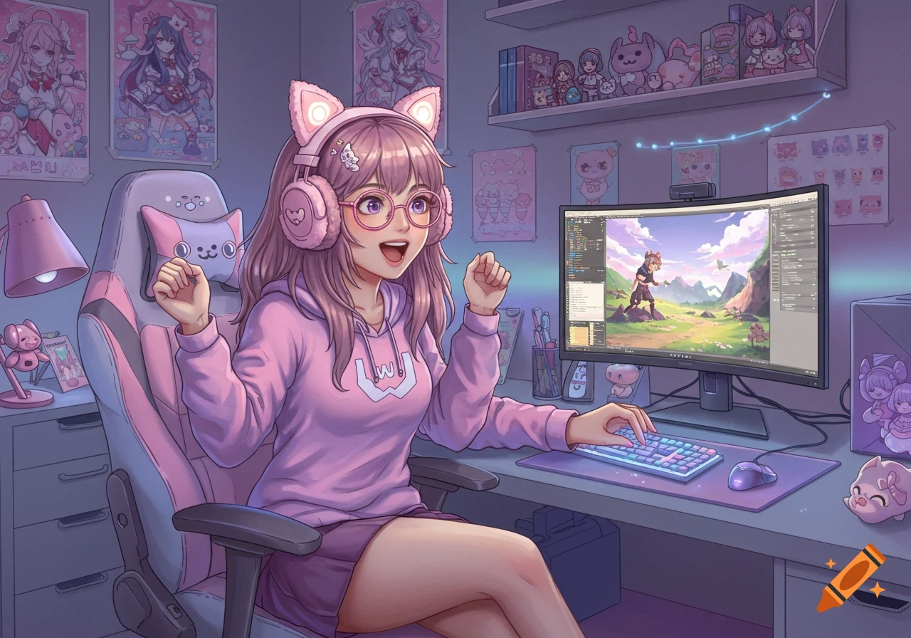 An anime-style gamer girl with pink hair, cat-ear headphones, and glasses, smiling while sitting in a pink gaming chair at a desk with a computer playing a fantasy game.