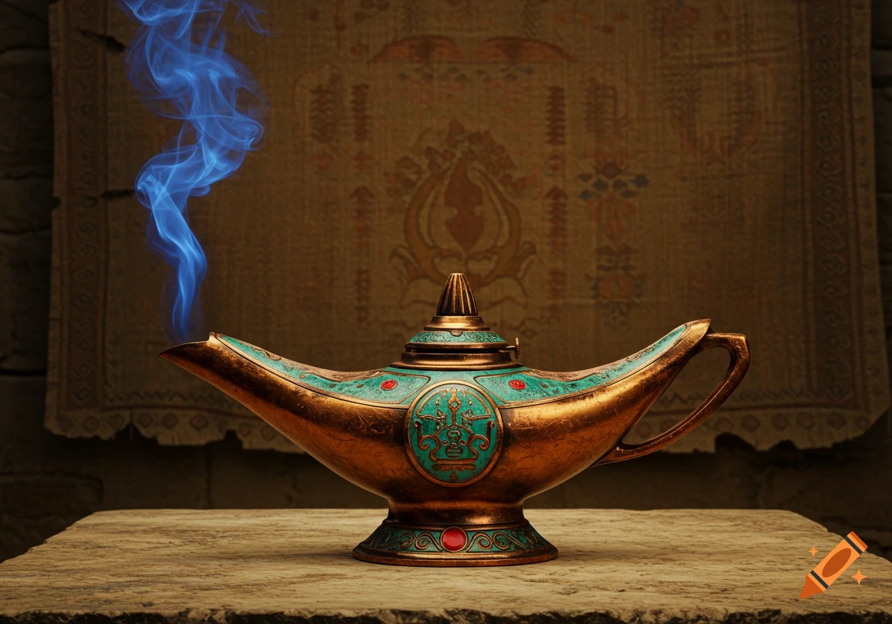 A golden and turquoise ancient oil lamp with red gems, emitting blue smoke, sits on a stone surface against a patterned tapestry.