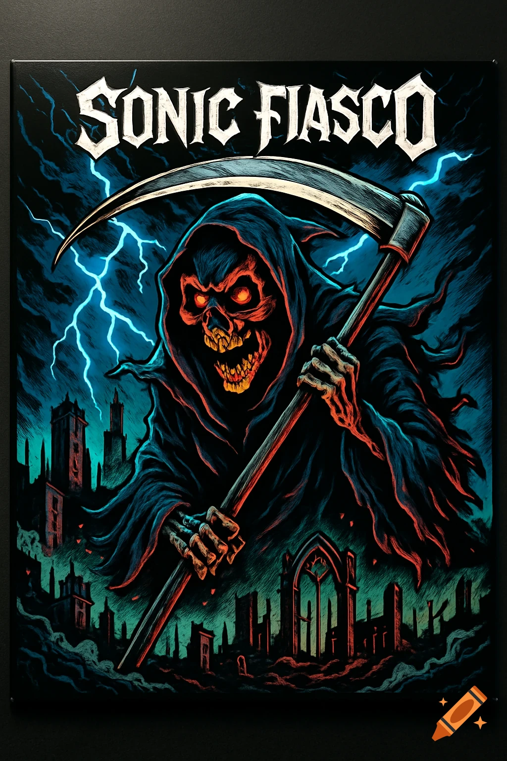 A stylized cartoon grim reaper holding a scythe in a ruined city under lightning, with 'SONIC FIASCO' text at the top.