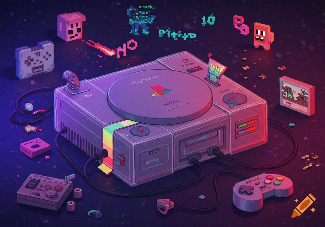 A vibrant pixel art illustration of a retro PlayStation console and controllers, surrounded by pixelated characters and elements on a dark, glowing surface.