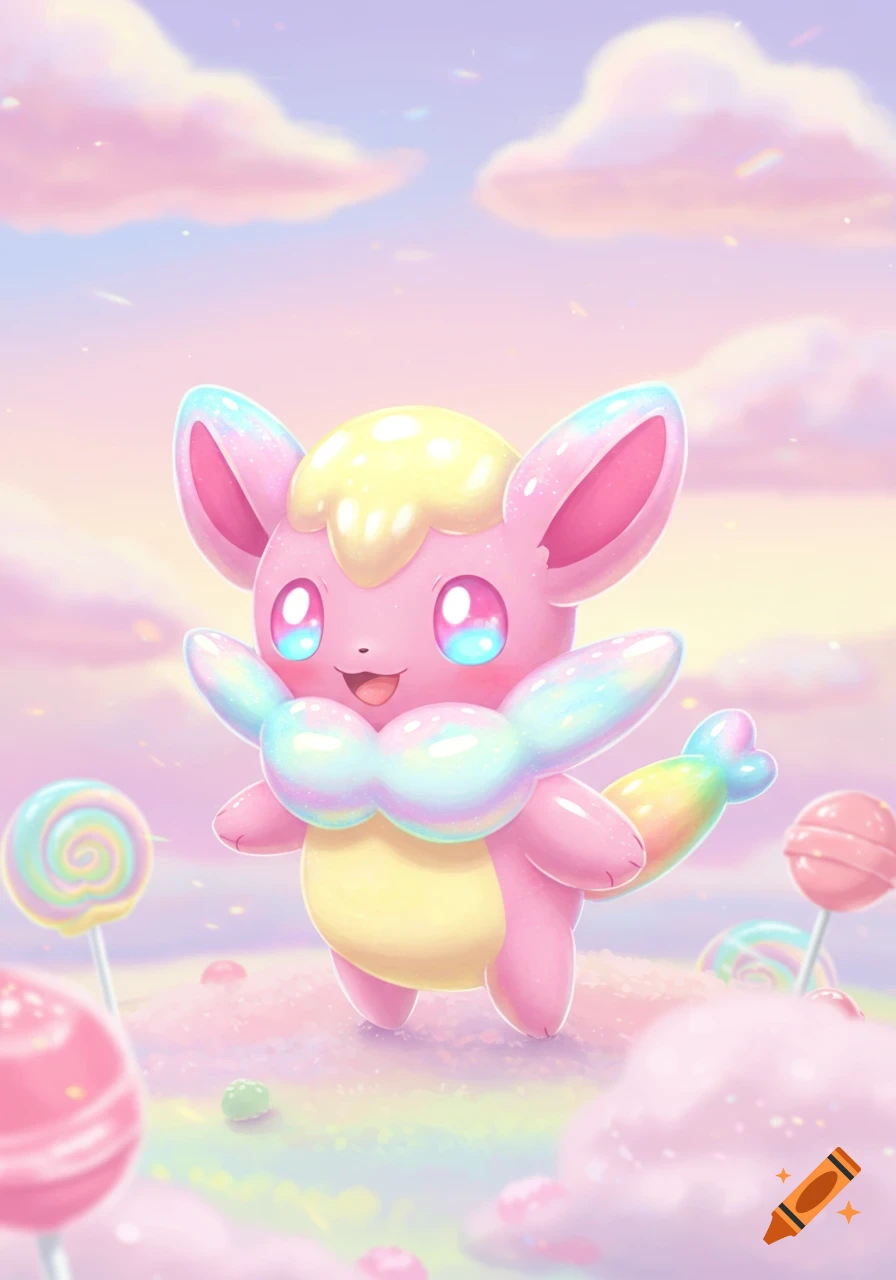 A cute, pink and yellow cartoon creature resembling a Pokémon in a pastel candy-land with lollipops and fluffy clouds.