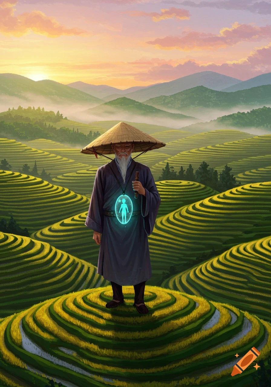 An old man in a rice hat and robe stands on terraced rice paddies, holding a glowing blue pendant with a humanoid figure. Mountains and sunset in the background.