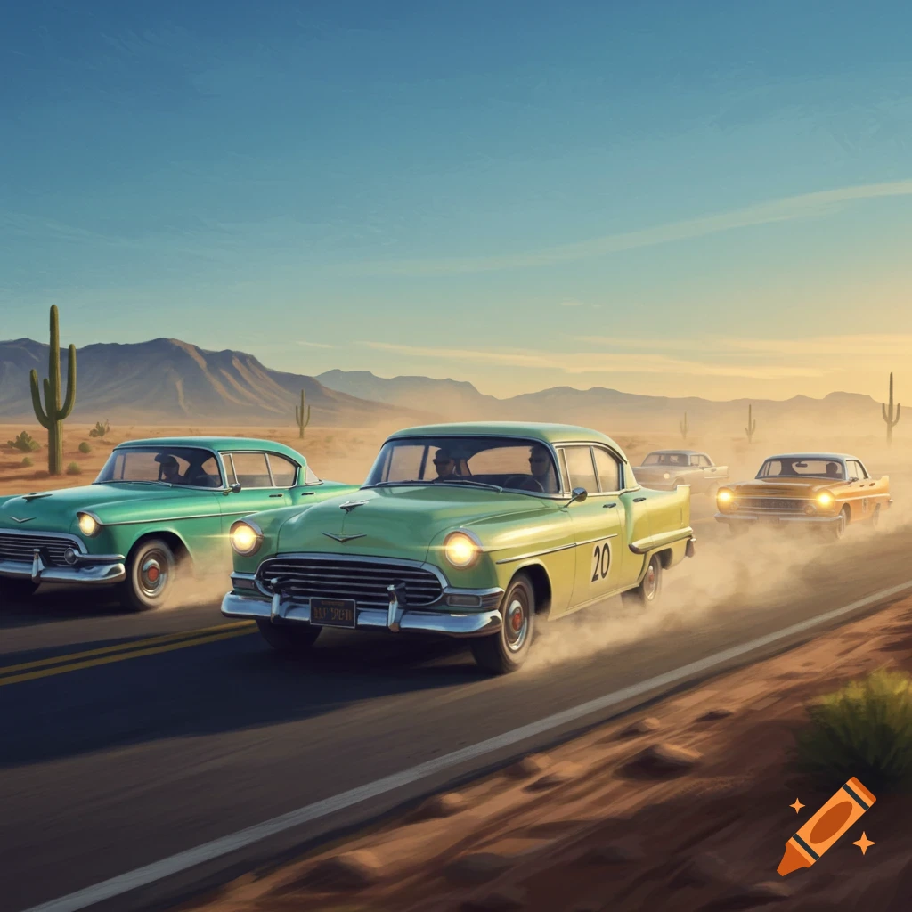 Several vintage cars speed down a dusty desert highway at sunset, with saguaro cacti and mountains in the background.