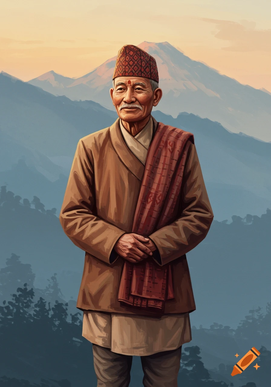 Stylized illustration of an older Nepalese man in traditional dress with a dhaka topi, standing before misty mountains.