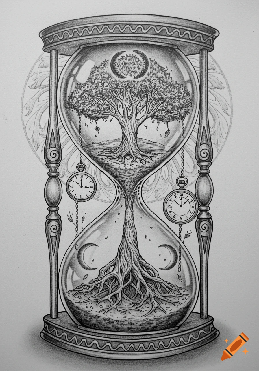 Detailed graphite pencil drawing of an hourglass containing a Tree of Life with pocket watches and crescent moons.