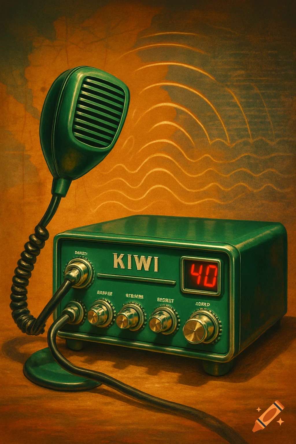 A vintage-style green CB radio with a microphone, displaying 'KIWI' and '40', against an orange, textured background with wave patterns.