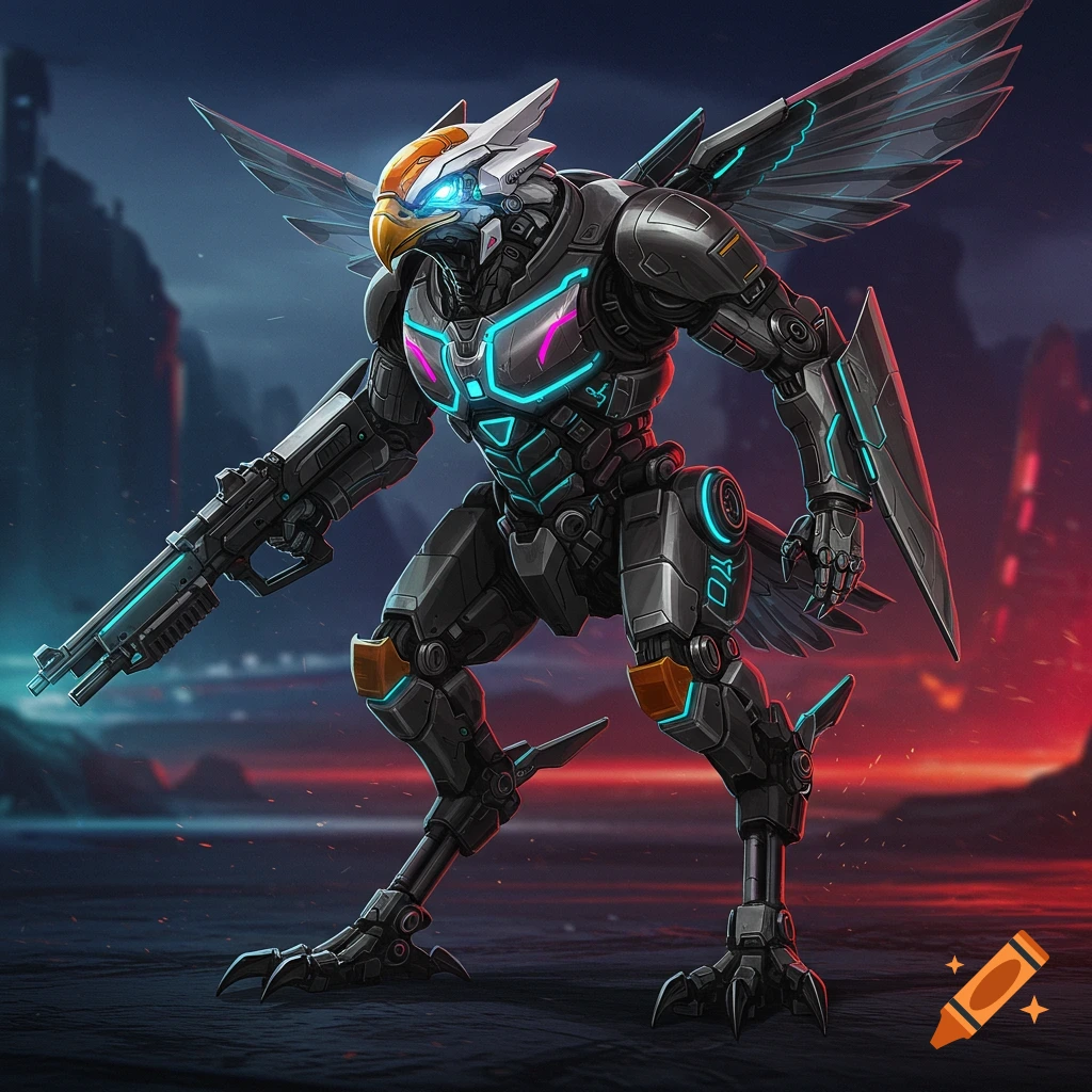 A futuristic eagle-headed robot with neon glowing armor, large wings, and talons, holding a rifle in a dark, sci-fi city.