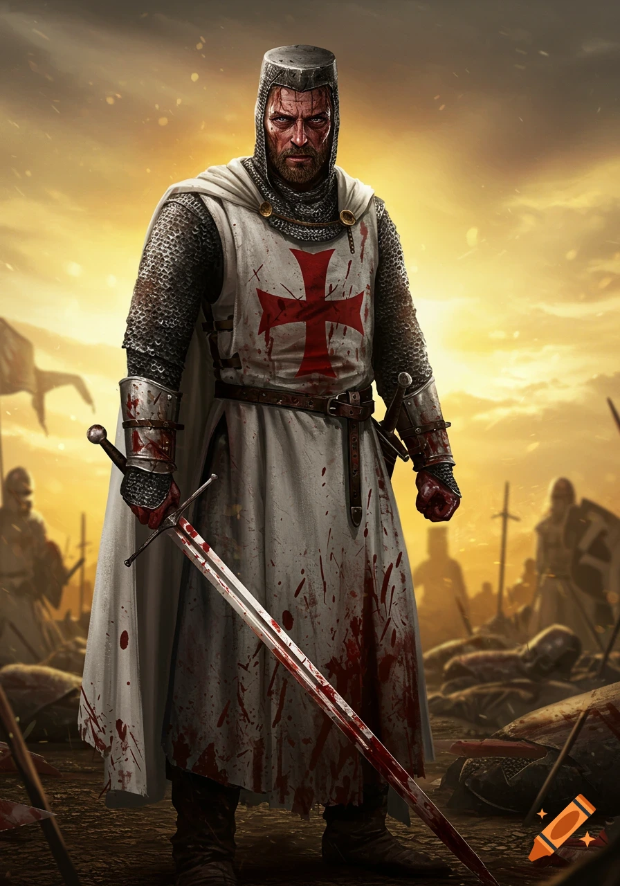 Battle-hardened Knight Templar in blood-splattered surcoat and chainmail, holding a bloody longsword on a dawn battlefield. Cinematic.
