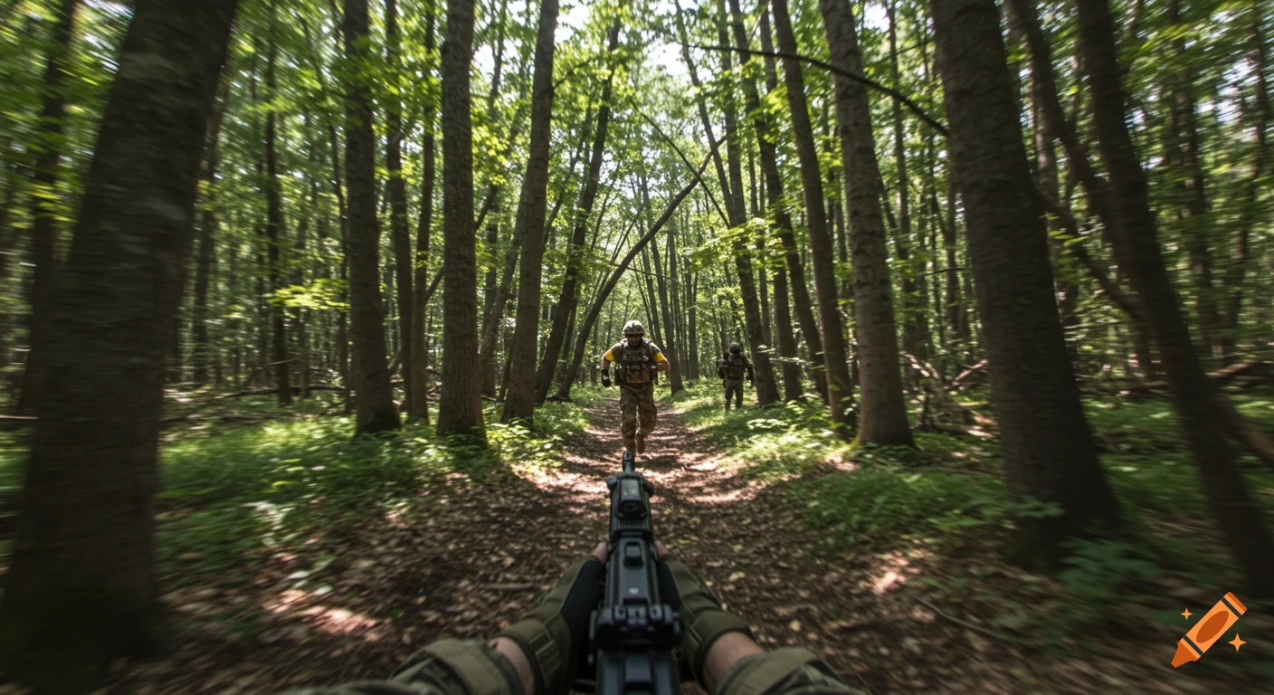 First-person view of a soldier holding a rifle, running through a forest, with another soldier ahead.