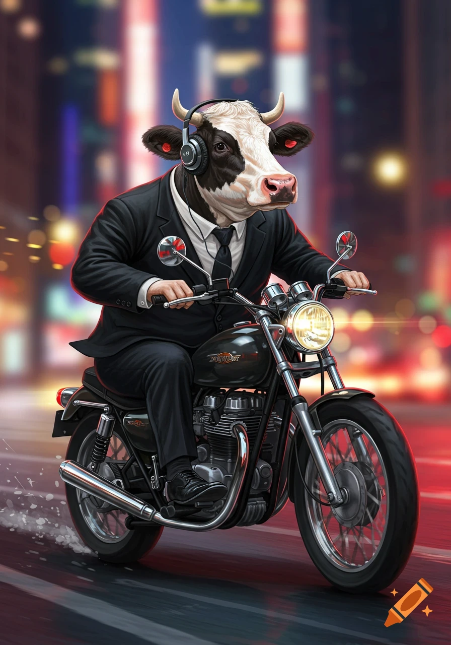 A cow wearing a black suit and headphones rides a motorcycle through a city at night.