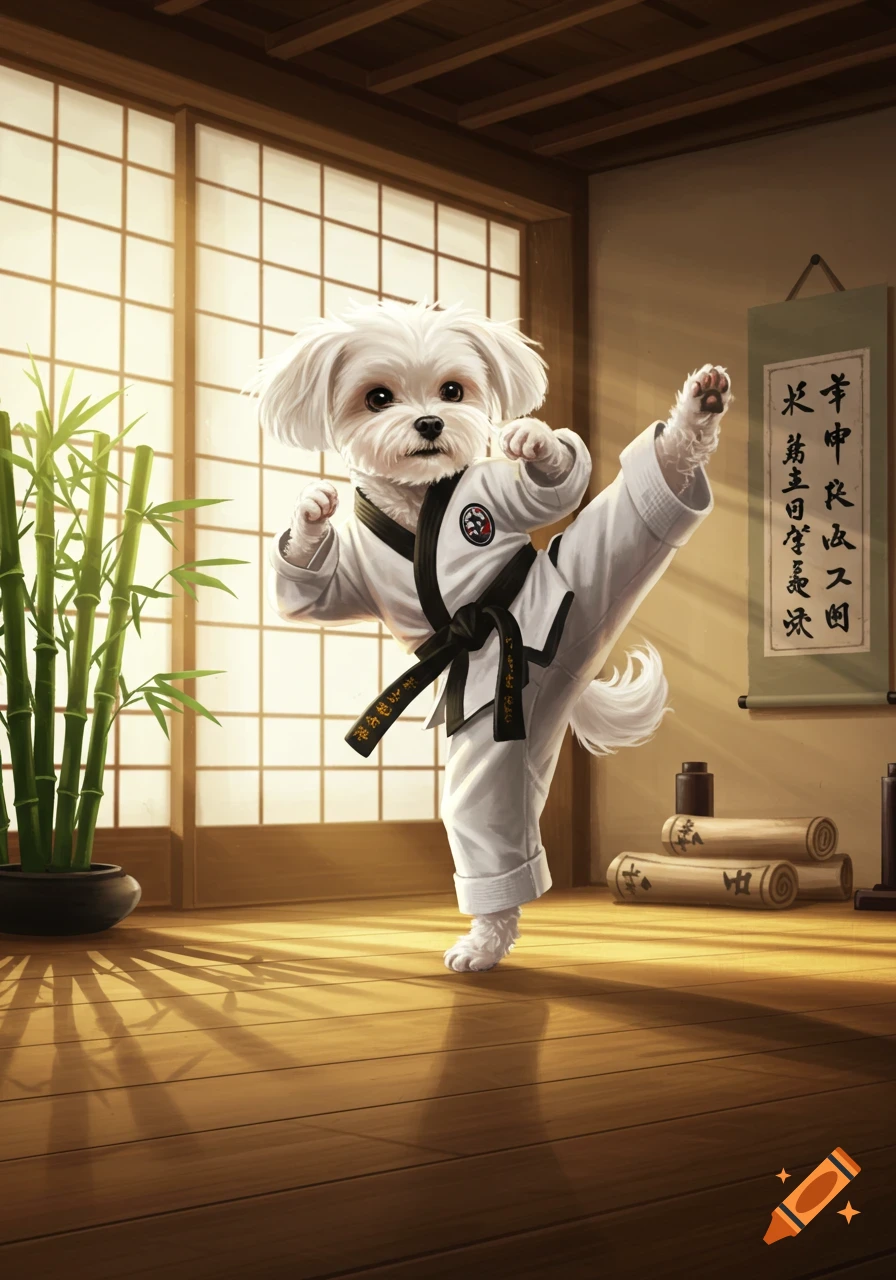 A fluffy white Maltese dog in a white taekwondo gi with a black belt performs a high kick in a dojo with shoji screens and bamboo.