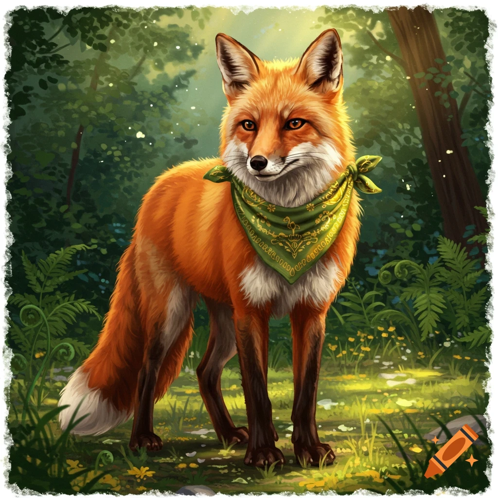 Stylized illustration of an orange fox wearing a green bandana, standing in a sun-dappled forest.