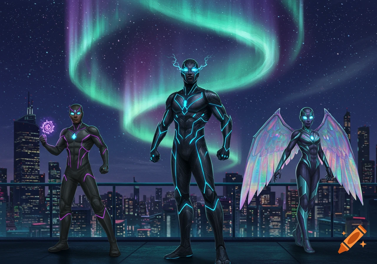 Three superheroes with glowing suits and powers stand on a city rooftop under a vibrant aurora borealis sky, digital art style.