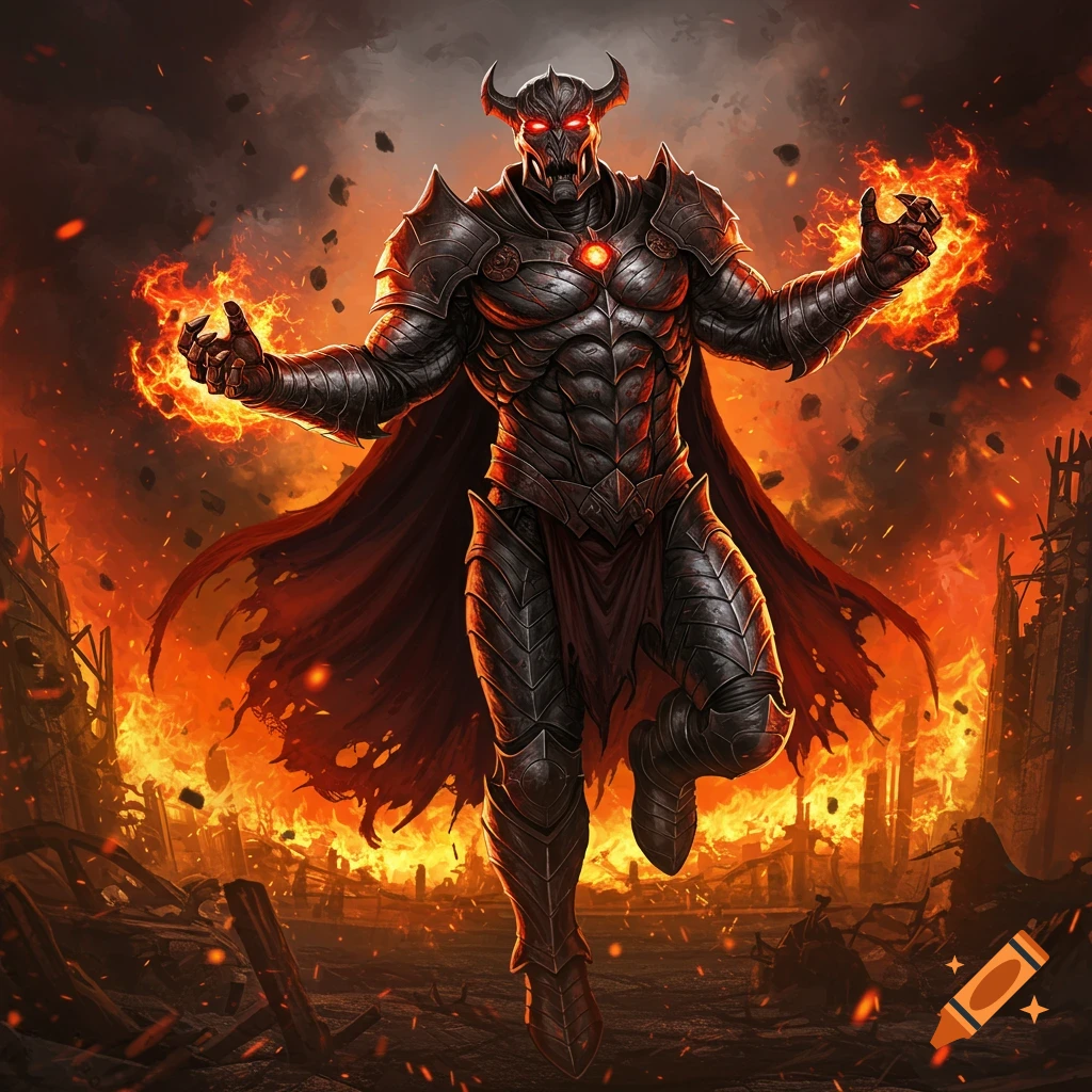A powerful horned demon in dark, intricate armor with glowing red eyes and a tattered cape stands amidst a fiery, destroyed cityscape.
