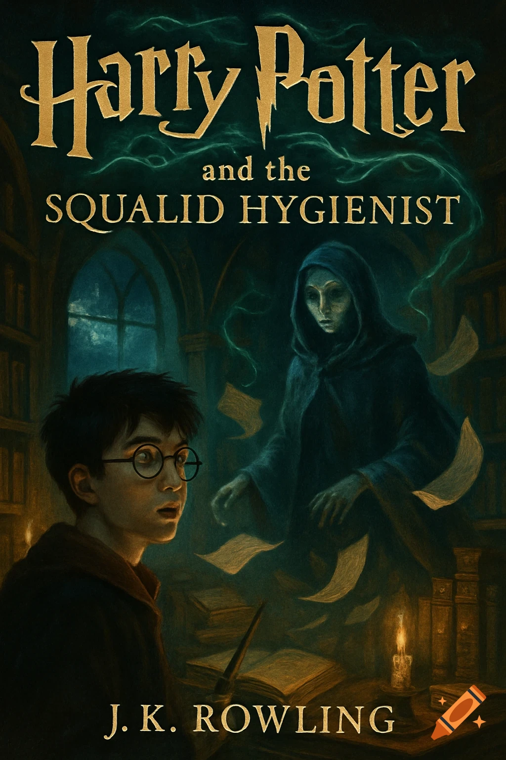 Harry Potter looking at a hooded, ghostly figure in a dark library. Book title: 'Harry Potter and the Squalid Hygienist' by J. K. Rowling.