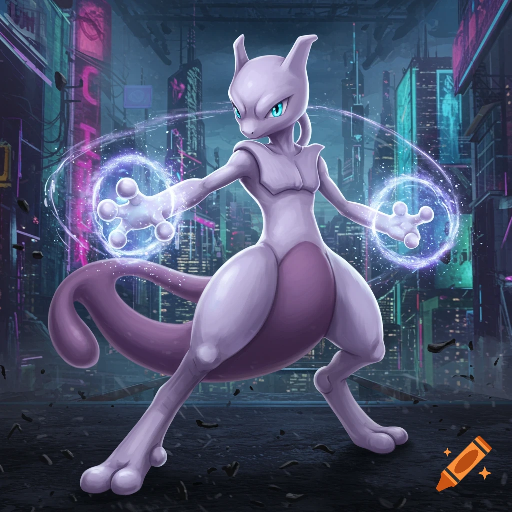 Mewtwo stands in a dark cyberpunk city, hands glowing with purple energy, ready to attack.