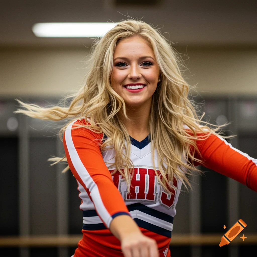 Smiling blonde college cheerleader in orange, white, and blue uniform, long hair flowing, blurred locker room background.