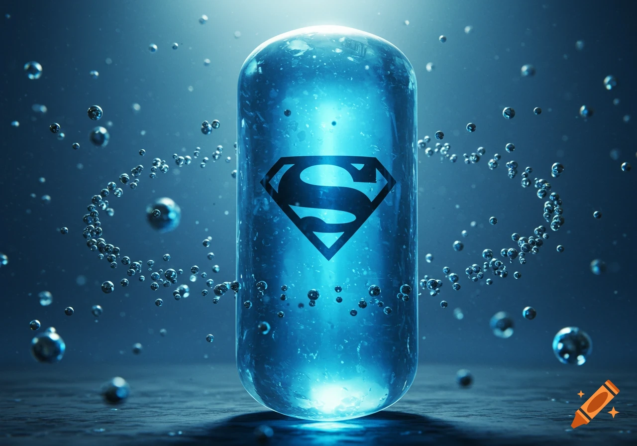 A glowing blue cylindrical crystal with a black Superman logo, surrounded by swirling bubbles against a dark blue background.