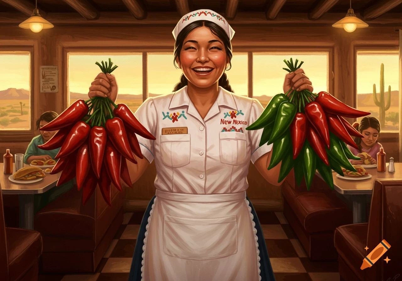 A smiling New Mexico waitress in a diner holds up bunches of red and green chili peppers with patrons in the background.