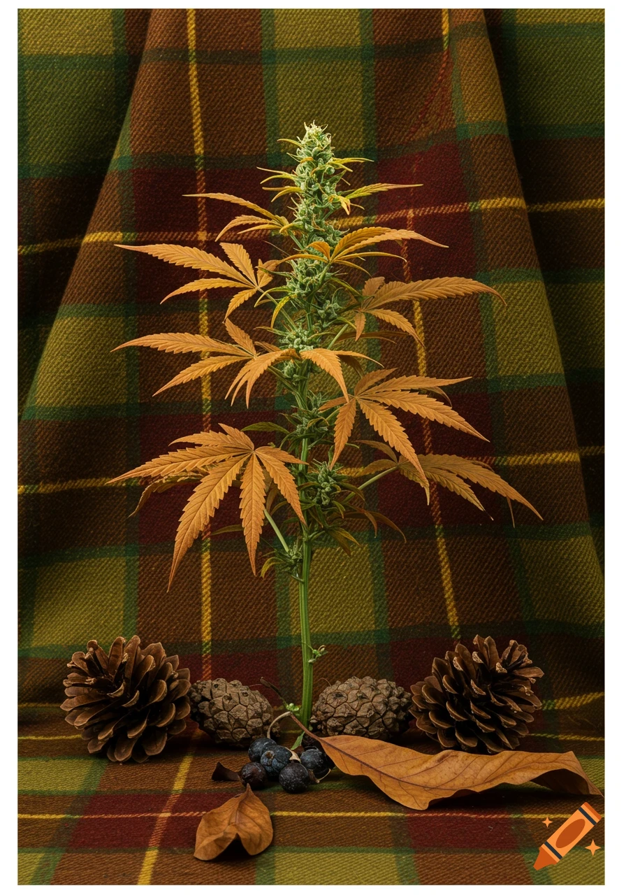 An autumn still life with a cannabis plant, pinecones, dried leaves, and berries on plaid fabric.