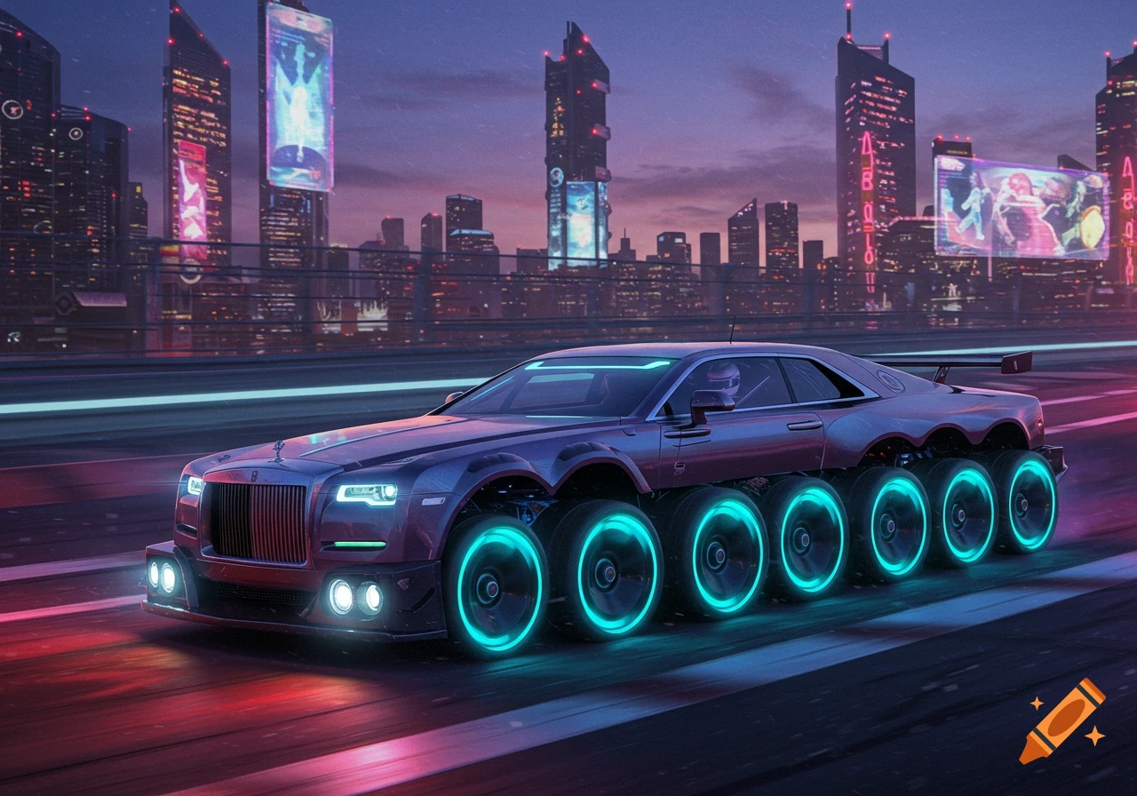 A futuristic purple car with multiple glowing blue wheels drives on a highway through a cyberpunk city at night with neon-lit skyscrapers.