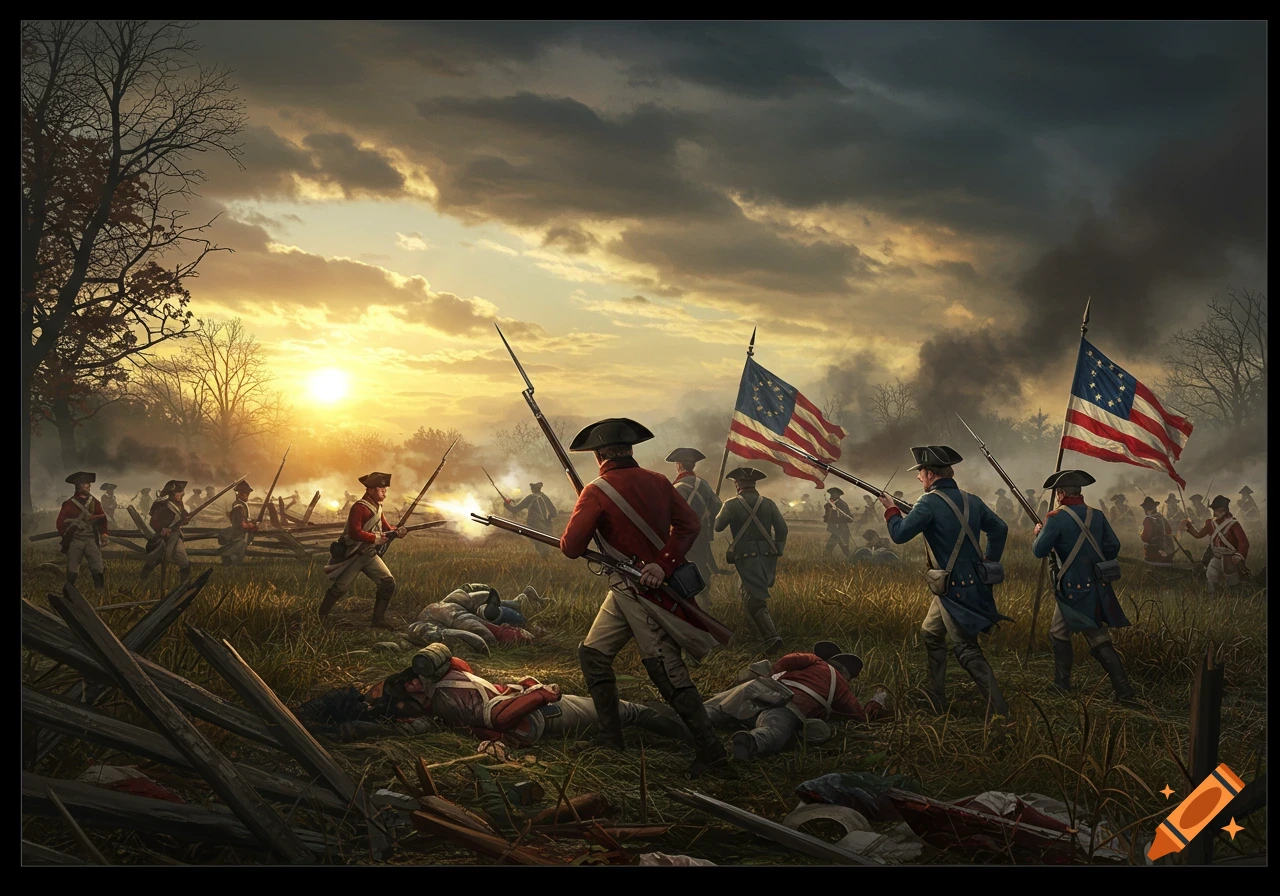 A dramatic painting of an American Revolutionary War battle scene at sunset, with soldiers firing muskets and flags flying amidst smoke.