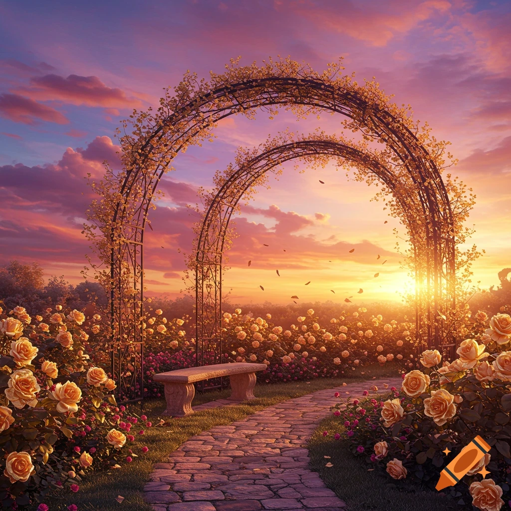 A romantic garden with golden rose bushes, a stone path, and archways under a glowing rainbow sunset.