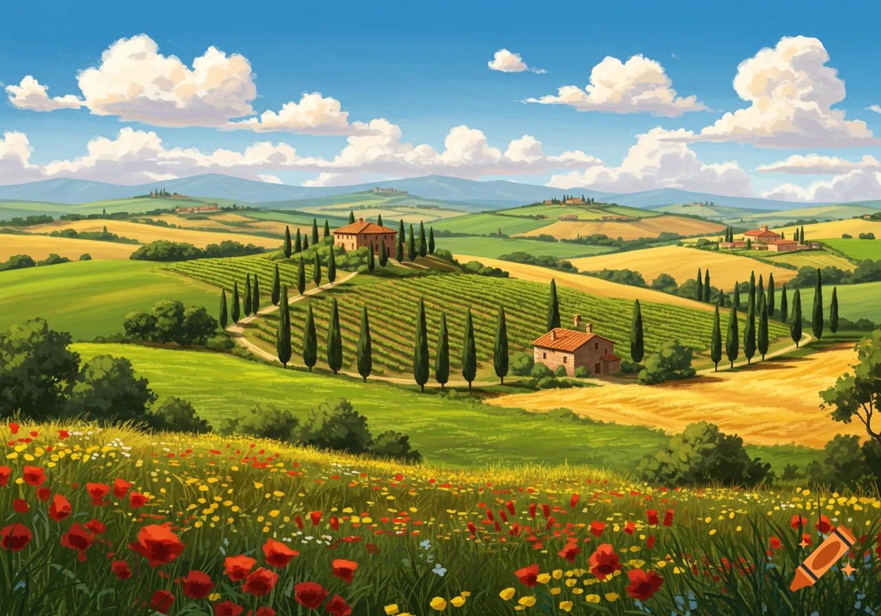 Vibrant painterly landscape of rolling hills, vineyards, farmhouses, cypress trees, and red poppy fields under a blue sky.