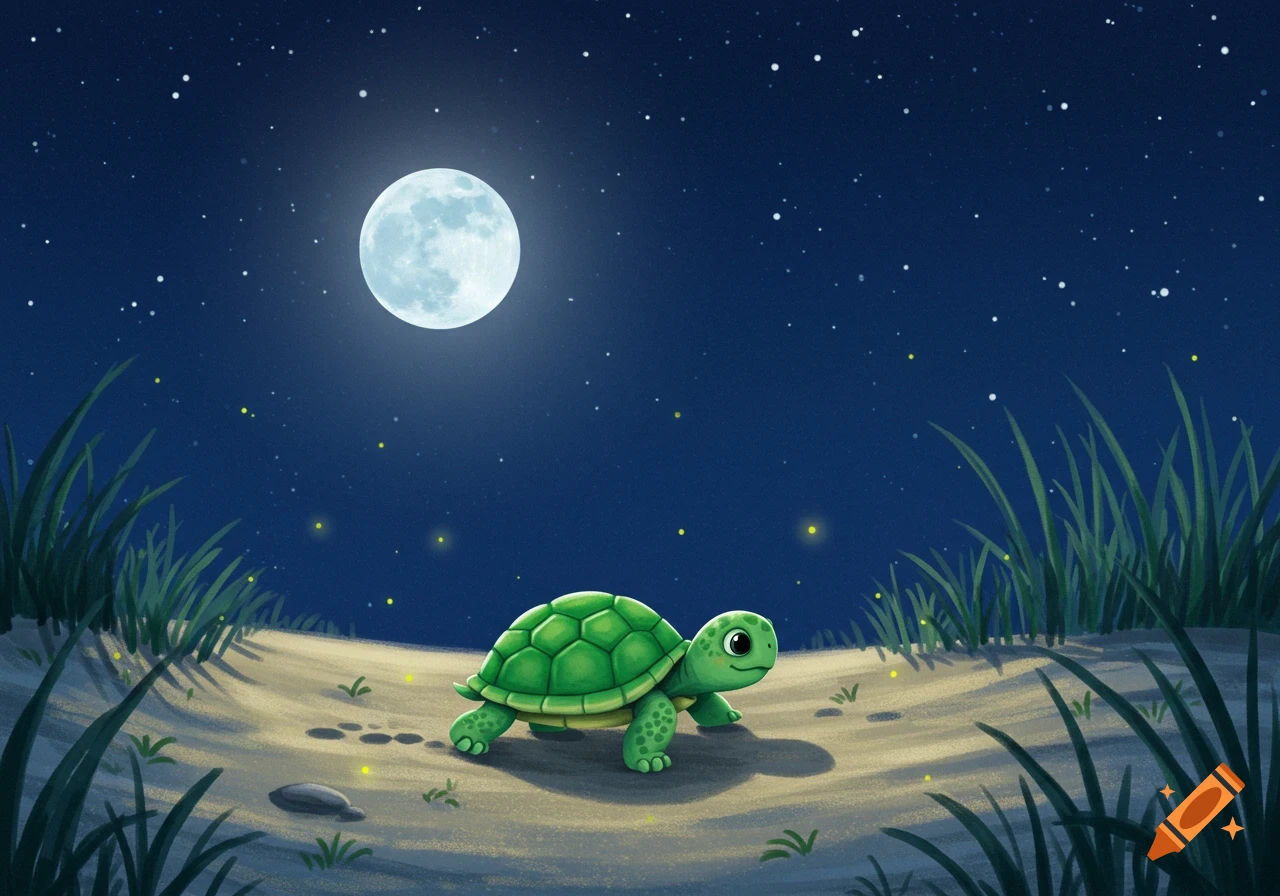 A cute green cartoon turtle crawls on sand under a bright full moon and starry night sky with fireflies and grass.