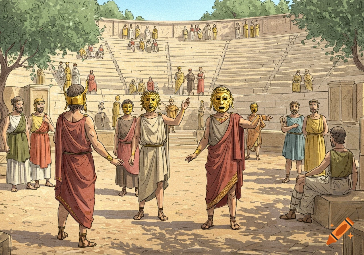 Illustration of an ancient Greek theater scene with masked performers and an audience in an amphitheater.