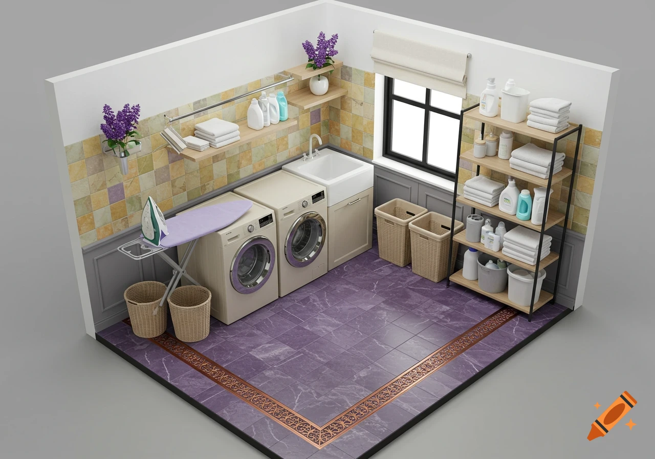 An isometric top-down view of a modern laundry room with purple marble floor, a washer and dryer, ironing board, sink, and shelves with towels and detergents.