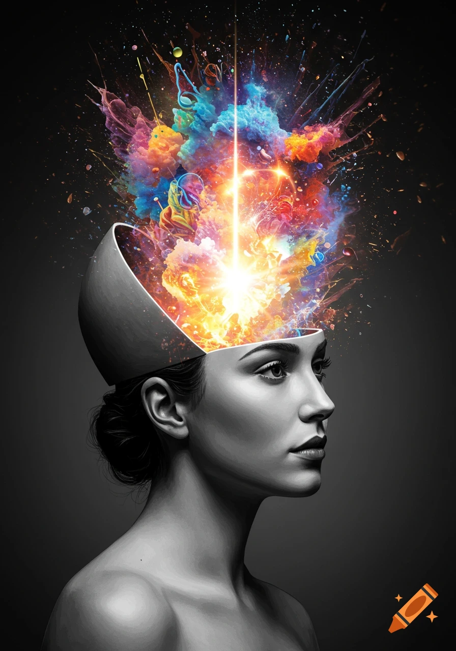 Surreal black and white portrait of a woman with a vibrant explosion of colors bursting from her open head, symbolizing imagination.