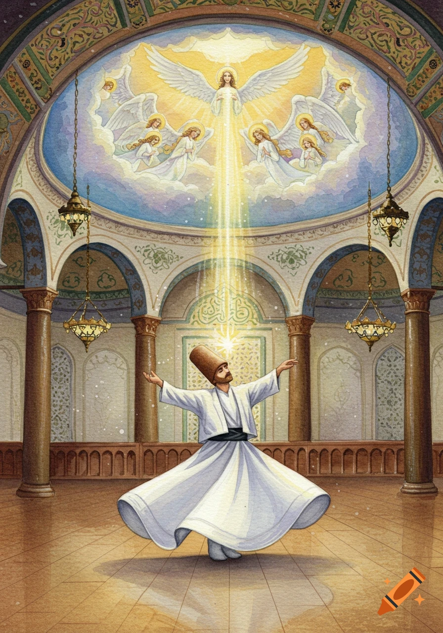 Watercolor painting of a whirling dervish in a domed hall, illuminated by light from angels in the sky above.