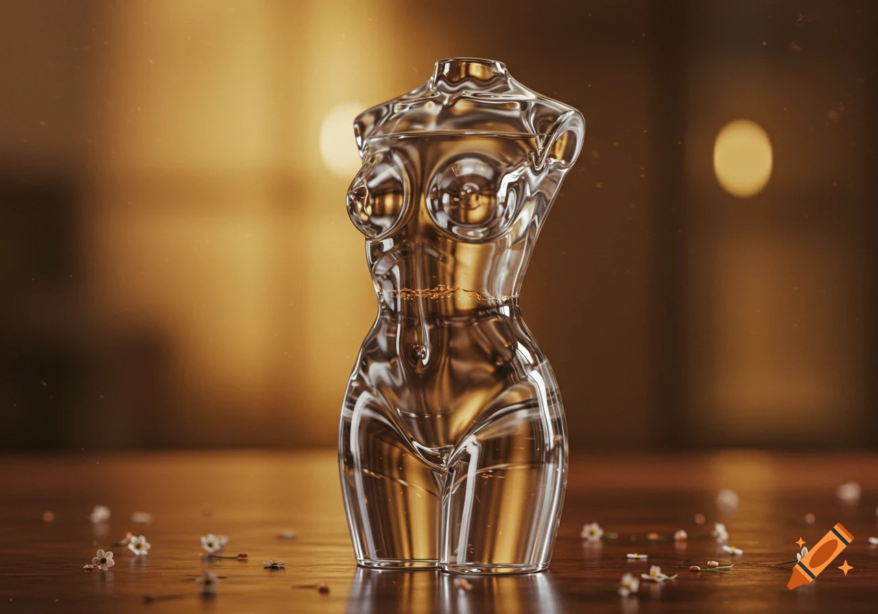 A photorealistic clear glass sculpture of a woman's torso, filled with clear liquid, resting on a wooden surface with small white flowers.