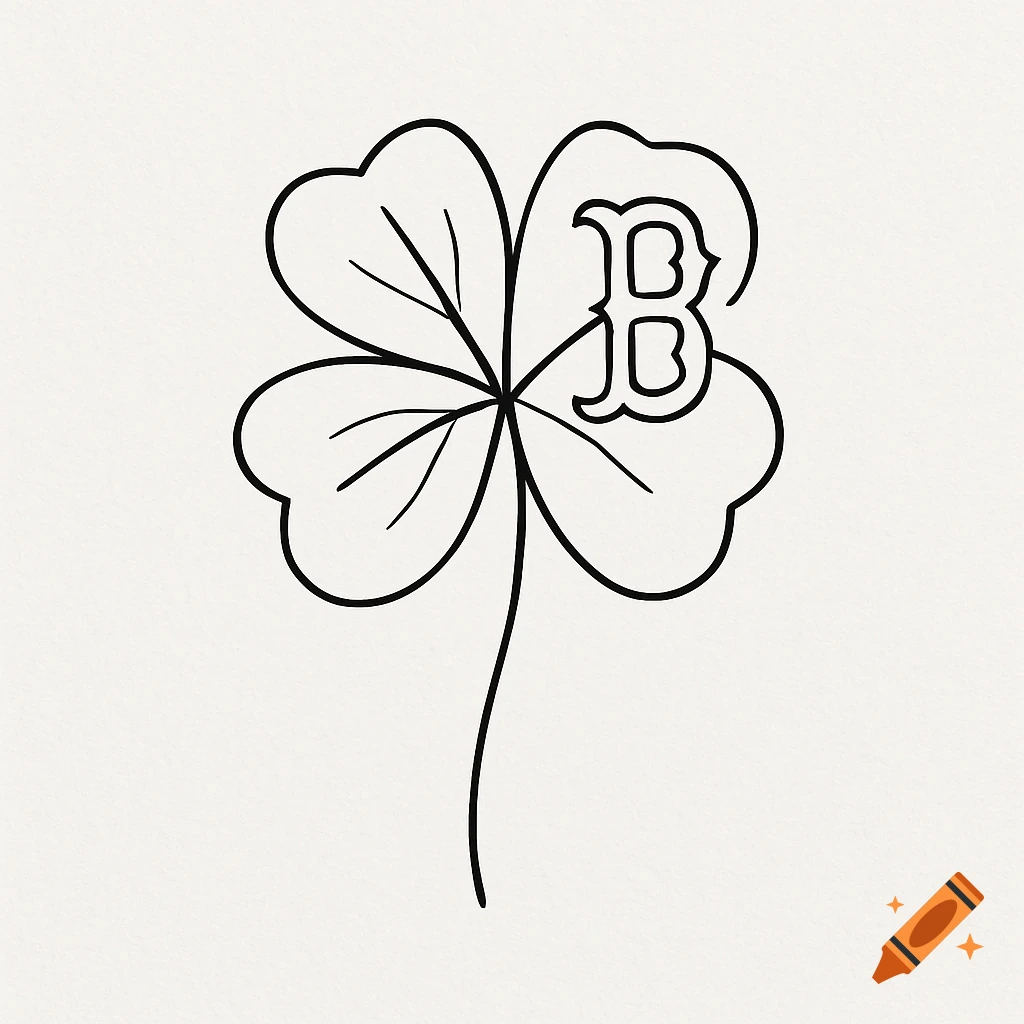 Simple line drawing of a four-leaf clover with a Boston 'B' symbol integrated into one of the leaves, on a light background.