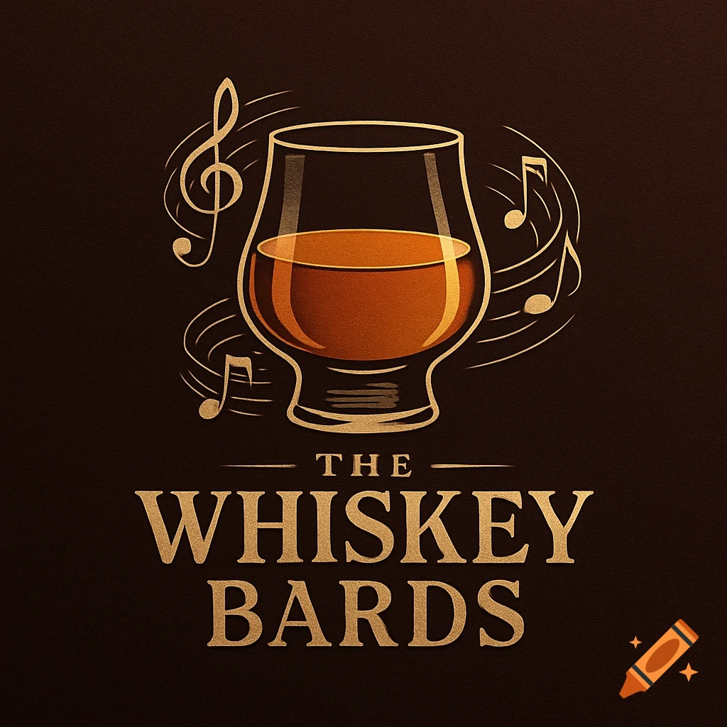 A golden logo featuring a whiskey glass surrounded by musical notes, above the text 'THE WHISKEY BARDS' on a dark brown background.