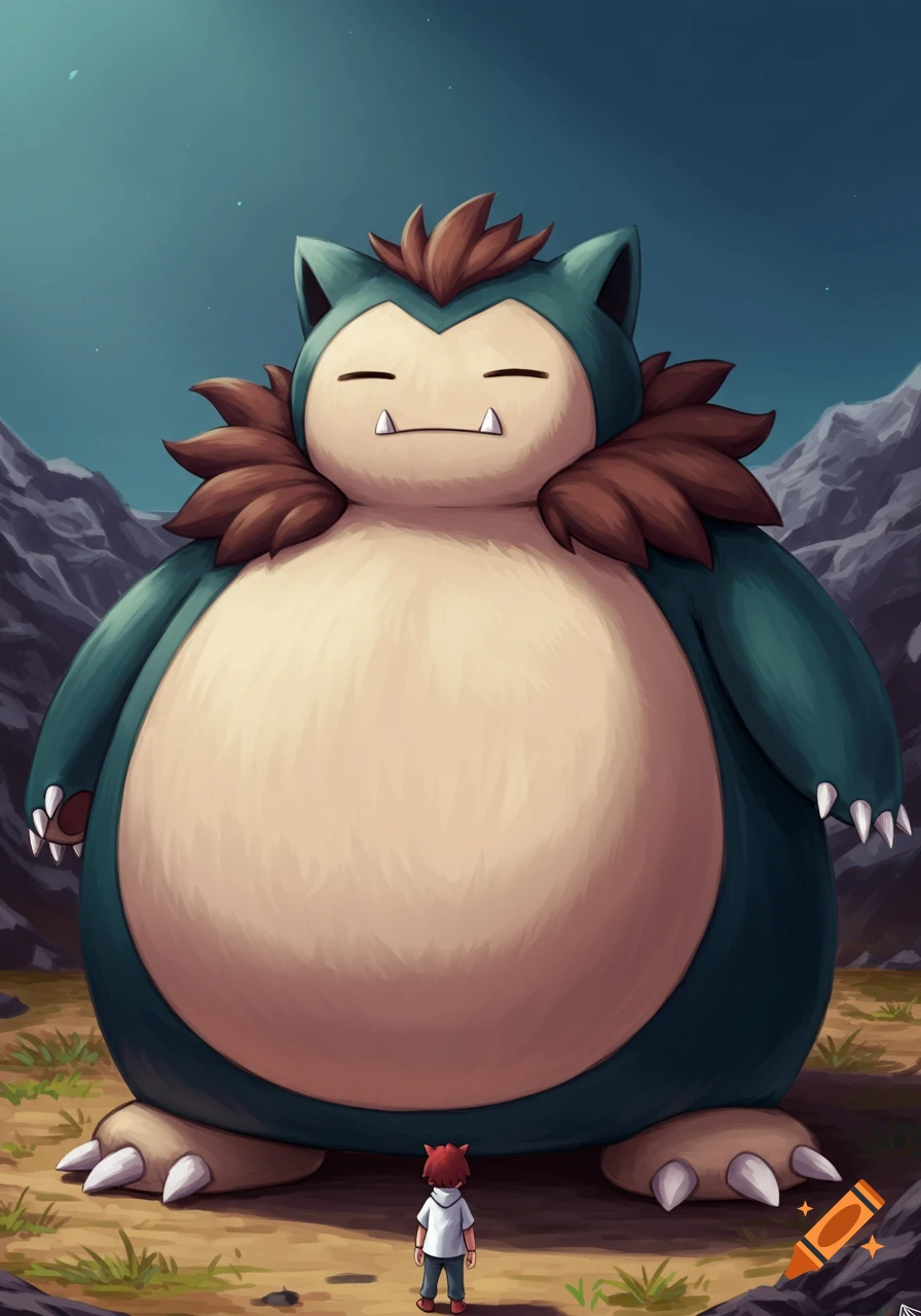 A small person in a white shirt looks up at a massive, sleeping Snorlax-like creature in a rocky landscape under a dark sky, in an anime illustration style.