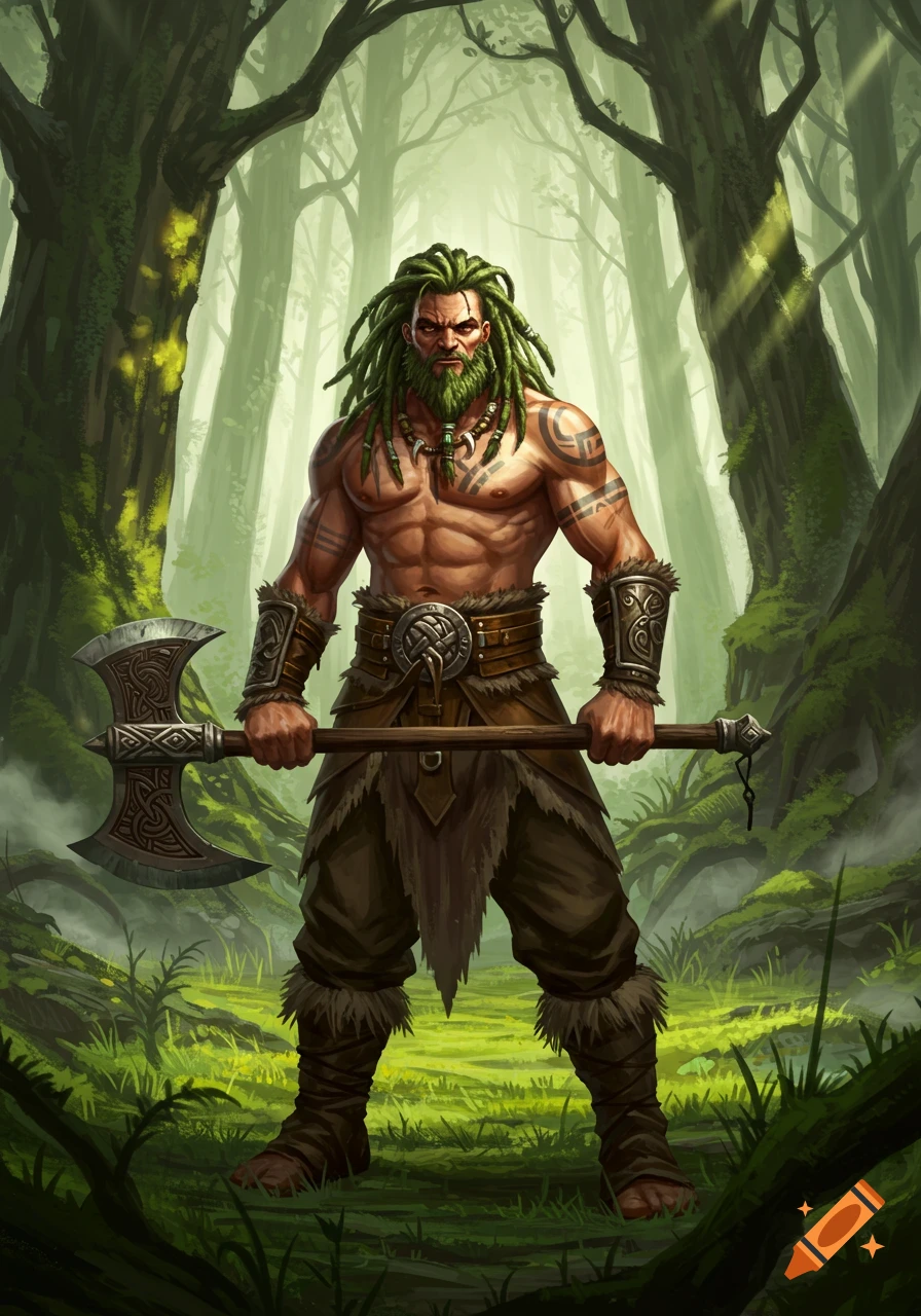 A muscular barbarian with green dreadlocks and an axe stands in a vibrant, misty forest, illustrated in a fantasy style.